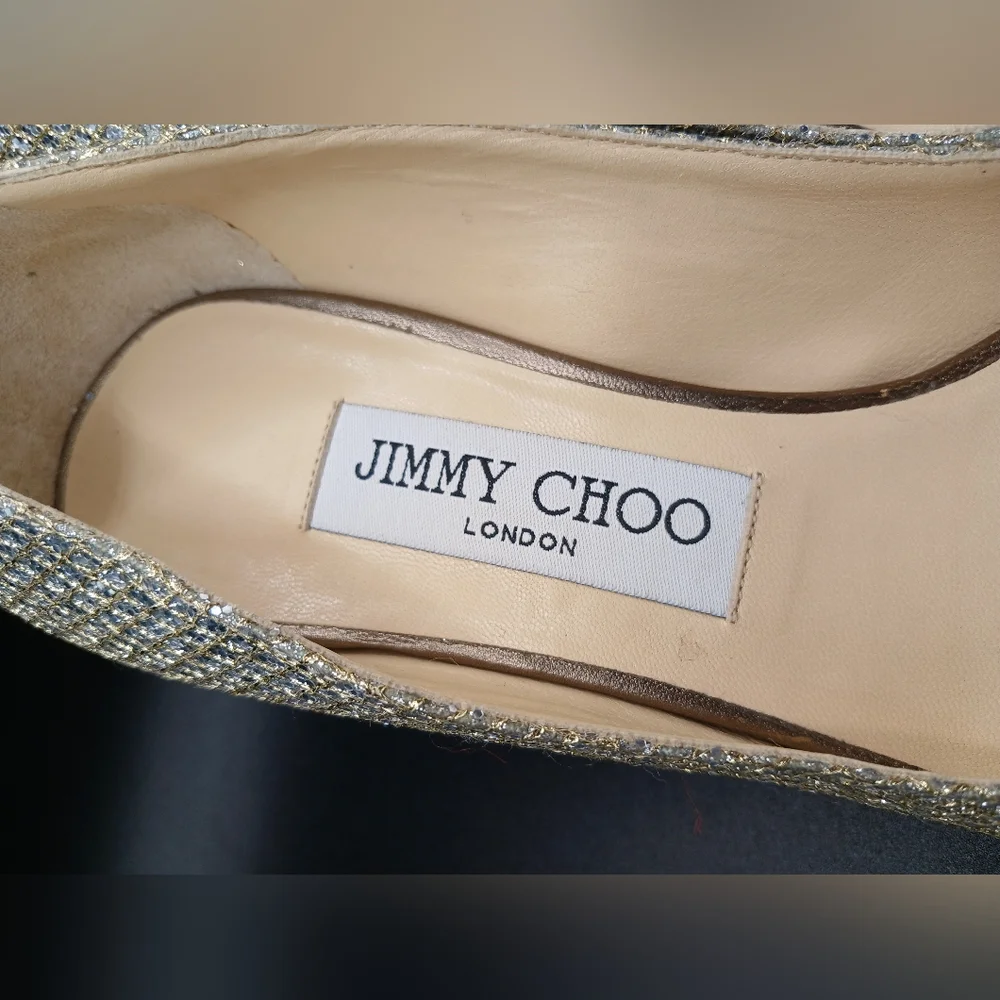 🪩 Jimmy Choo Gold Glitter Peep Toe Heels | Size 36 (US 6) | Made in Italy - Picture 10 of 13